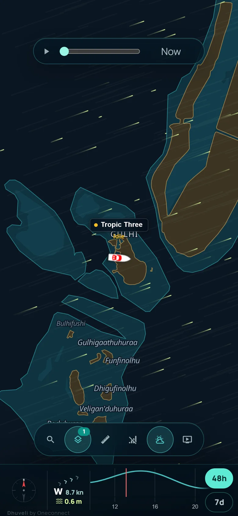 A shared live map on a phone: one vessel on the chart with the weather and tide strip below