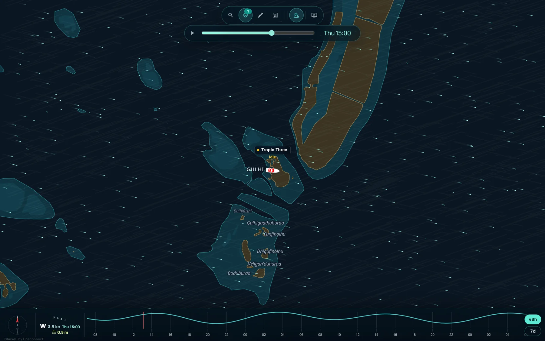 The wind layer with its time slider set to Thursday 15:00: the forecast wind moving over the map, and the weather strip showing the wind and sea for that hour